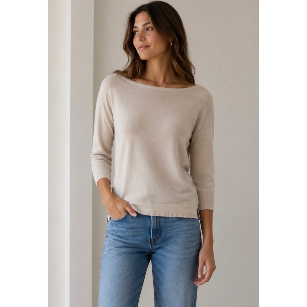 Christopher Fischer Womens 100% Cashmere Boat Neck Sweater Beige 3/4 Sleeve S